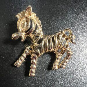 Vintage Sarah Coventry Zebra Brooch‎ Open Gold Tone Horse Figural Pin